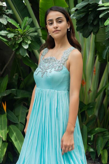 Aakansha Gupta Blue Chiffon, Silk Beads Square Neck Iris Patch Work Gown Online at Aza Fashions Aakansha Gupta_Blue Chiffon, Silk Beads Square Neck Iris Patch Work Gown _Online_at_Aza_Fashions