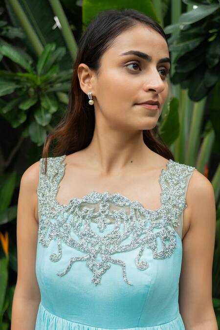 Shop Aakansha Gupta Blue Chiffon, Silk Beads Square Neck Iris Patch Work Gown Online at Aza Fashions Shop_Aakansha Gupta_Blue Chiffon, Silk Beads Square Neck Iris Patch Work Gown _Online_at_Aza_Fashions