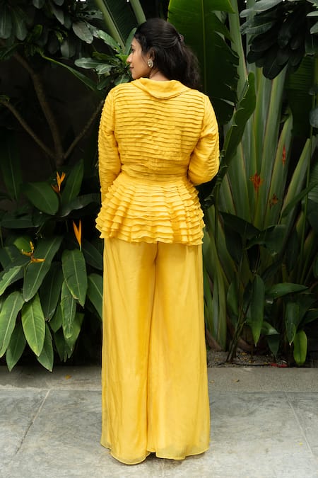 Shop Aakansha Gupta Yellow Organza, Satin Round Neck Noa Frilly Pleated Top Flowy Pant Set at Aza Fashions Shop_Aakansha Gupta_Yellow Organza, Satin Round Neck Noa Frilly Pleated Top Flowy Pant Set _at_Aza_Fashions
