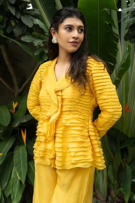 Aakansha Gupta Yellow Organza, Satin Round Neck Noa Frilly Pleated Top Flowy Pant Set Online at Aza Fashions Aakansha Gupta_Yellow Organza, Satin Round Neck Noa Frilly Pleated Top Flowy Pant Set _Online_at_Aza_Fashions