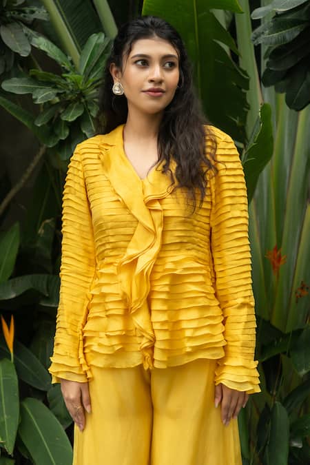 Shop Aakansha Gupta Yellow Organza, Satin Round Neck Noa Frilly Pleated Top Flowy Pant Set Online at Aza Fashions Shop_Aakansha Gupta_Yellow Organza, Satin Round Neck Noa Frilly Pleated Top Flowy Pant Set _Online_at_Aza_Fashions
