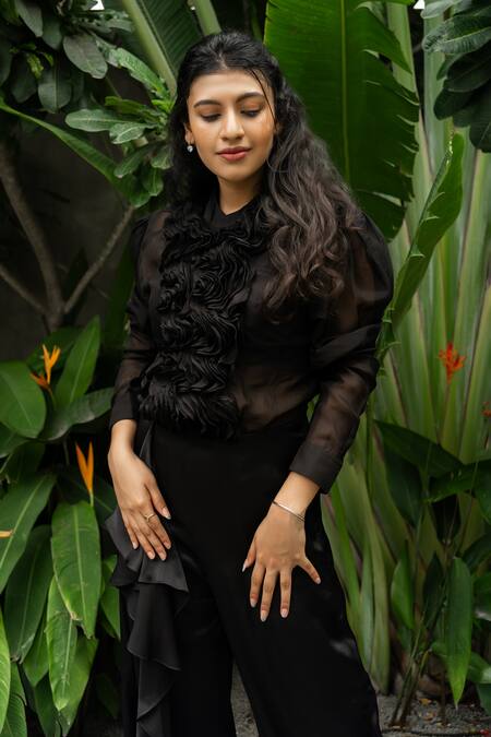 Shop Aakansha Gupta Black Organza, Satin Mandarin Collar Florence Ruffle Jumpsuit With Bustier at Aza Fashions Shop_Aakansha Gupta_Black Organza, Satin Mandarin Collar Florence Ruffle Jumpsuit With Bustier _at_Aza_Fashions