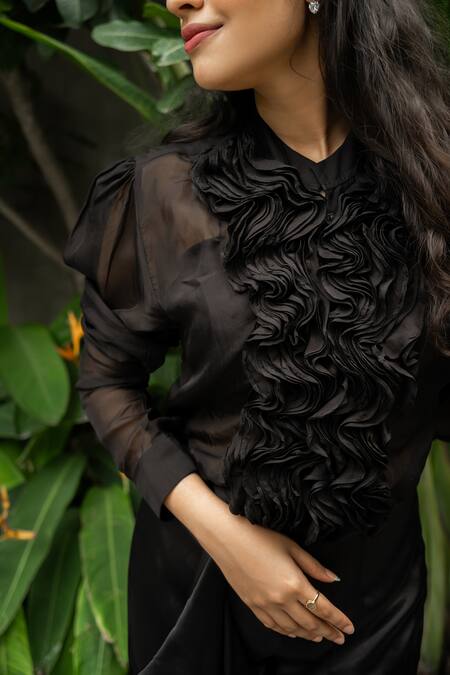 Buy Aakansha Gupta Black Organza, Satin Mandarin Collar Florence Ruffle Jumpsuit With Bustier Online at Aza Fashions Buy_Aakansha Gupta_Black Organza, Satin Mandarin Collar Florence Ruffle Jumpsuit With Bustier _Online_at_Aza_Fashions