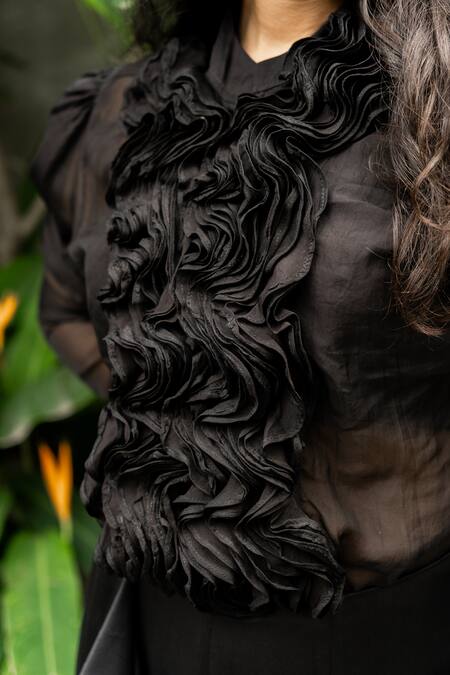 Shop Aakansha Gupta Black Organza, Satin Mandarin Collar Florence Ruffle Jumpsuit With Bustier Online at Aza Fashions Shop_Aakansha Gupta_Black Organza, Satin Mandarin Collar Florence Ruffle Jumpsuit With Bustier _Online_at_Aza_Fashions