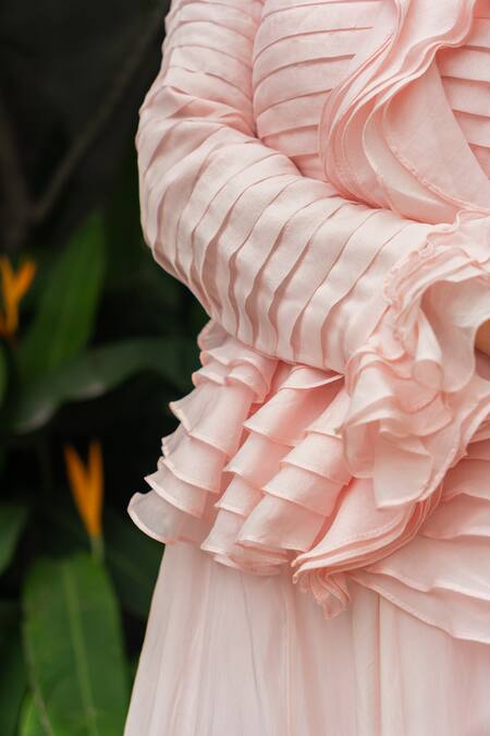 Buy_Aakansha Gupta_Pink Organza, Satin Ruffles, Sequins, Peony Bloom Lehenga Pleated Top Set _Online_at_Aza_Fashions