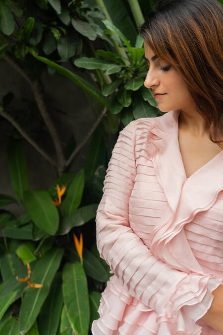 Shop_Aakansha Gupta_Pink Organza, Satin Ruffles, Sequins, Peony Bloom Lehenga Pleated Top Set _Online_at_Aza_Fashions