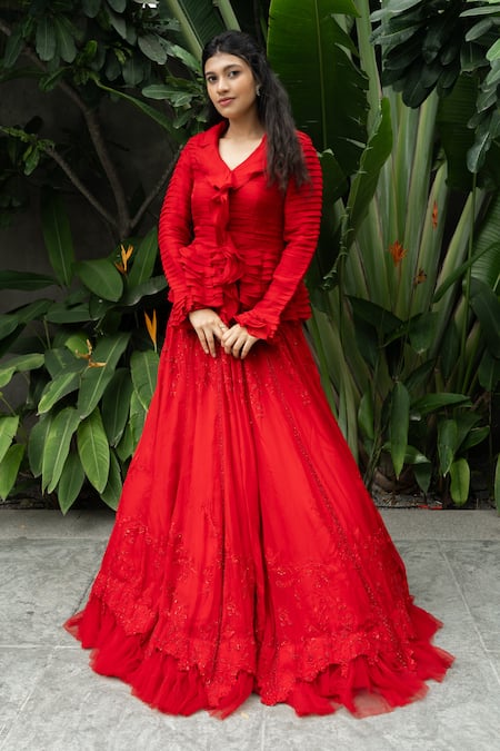 Shop Aakansha Gupta Red Organza, Satin Embroidery, Rafflesia Bloom Lehenga Ruffle Pleated Top Set at Aza Fashions Shop_Aakansha Gupta_Red Organza, Satin Embroidery, Rafflesia Bloom Lehenga Ruffle Pleated Top Set _at_Aza_Fashions