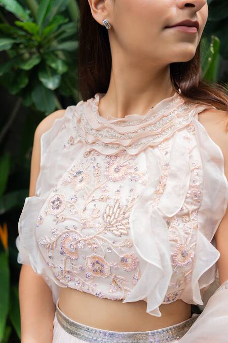 Aakansha Gupta Peach Organza, Net Sequins, Embroidery, Cut Work Lily Bloom Lehenga Blouse Set at Aza Fashions Aakansha Gupta_Peach Organza, Net Sequins, Embroidery, Cut Work Lily Bloom Lehenga Blouse Set _at_Aza_Fashions