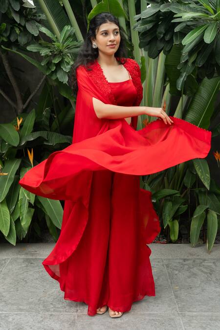 Shop Aakansha Gupta Red Satin, Organza Embroidery Open Neck Bloomy Cape Pant Set at Aza Fashions Shop_Aakansha Gupta_Red Satin, Organza Embroidery Open Neck Bloomy Cape Pant Set _at_Aza_Fashions