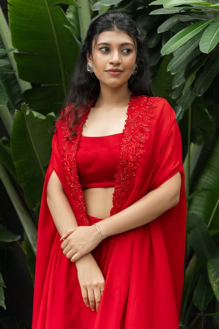 Buy Aakansha Gupta Red Satin, Organza Embroidery Open Neck Bloomy Cape Pant Set Online at Aza Fashions Buy_Aakansha Gupta_Red Satin, Organza Embroidery Open Neck Bloomy Cape Pant Set _Online_at_Aza_Fashions