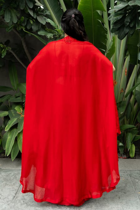 Shop Aakansha Gupta Red Satin, Organza Embroidery Open Neck Bloomy Cape Pant Set Online at Aza Fashions Shop_Aakansha Gupta_Red Satin, Organza Embroidery Open Neck Bloomy Cape Pant Set _Online_at_Aza_Fashions