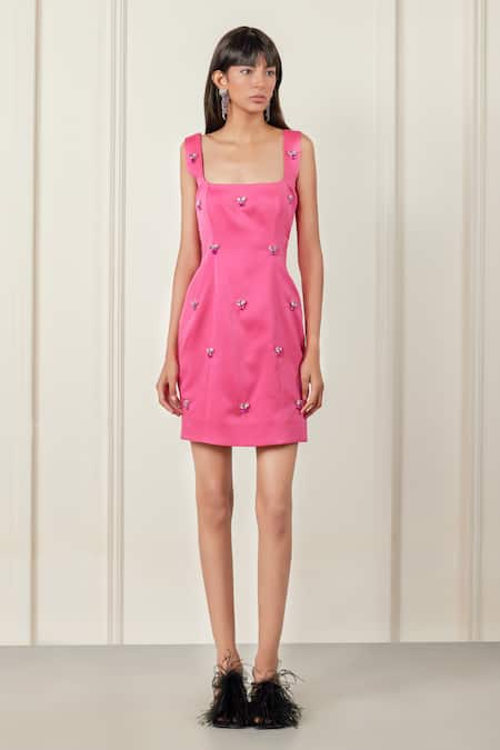 Buy Pink Satin Embellished Stone Square Neck Daring Dress For Women by ...