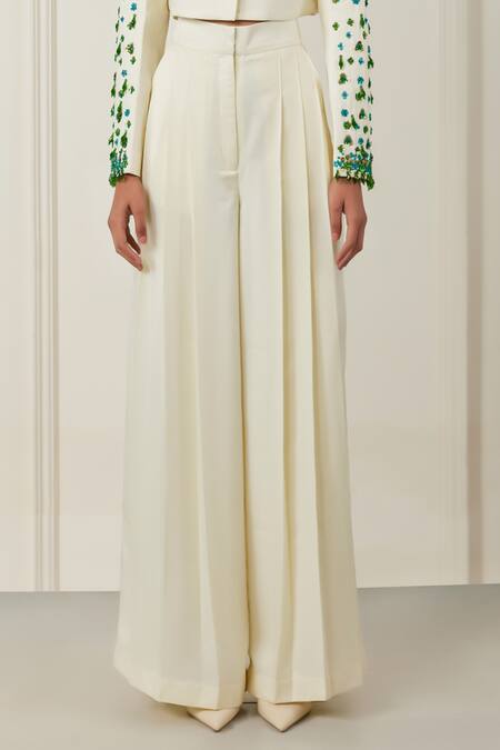 Therealb Off White Satin Sequins, Beads, Crystals Cropped Embellished Blazer And Pant Set Online at Aza Fashions Therealb_Off White Satin Sequins, Beads, Crystals Cropped Embellished Blazer And Pant Set _Online_at_Aza_Fashions