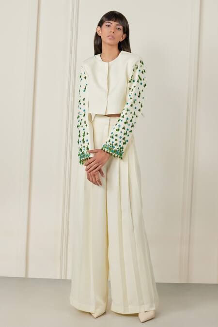 Buy Therealb Off White Satin Sequins, Beads, Crystals Cropped Embellished Blazer And Pant Set Online at Aza Fashions Buy_Therealb_Off White Satin Sequins, Beads, Crystals Cropped Embellished Blazer And Pant Set _Online_at_Aza_Fashions