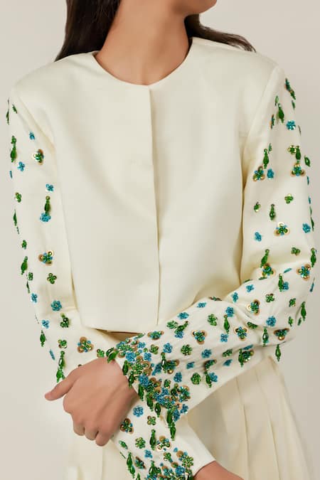 Therealb Off White Satin Sequins, Beads, Crystals Cropped Embellished Blazer And Pant Set at Aza Fashions Therealb_Off White Satin Sequins, Beads, Crystals Cropped Embellished Blazer And Pant Set _at_Aza_Fashions