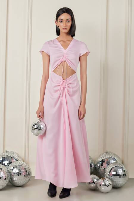 Therealb_Pink Satin V-neck Elysian Elegance Front Cutout Dress _Online_at_Aza_Fashions