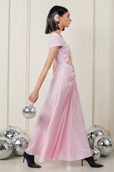 Buy_Therealb_Pink Satin V-neck Elysian Elegance Front Cutout Dress _Online_at_Aza_Fashions