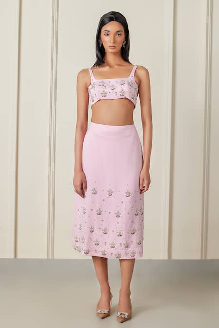 Therealb Pink Satin Pearls, Cut Work, Enchanted Nymph Embellished Blouse And Skirt Set 