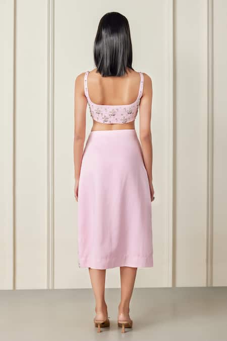 Shop Therealb Pink Satin Pearls, Cut Work, Enchanted Nymph Embellished Blouse And Skirt Set at Aza Fashions Shop_Therealb_Pink Satin Pearls, Cut Work, Enchanted Nymph Embellished Blouse And Skirt Set _at_Aza_Fashions