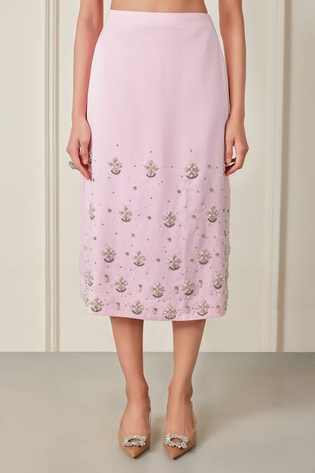 Shop Therealb Pink Satin Pearls, Cut Work, Enchanted Nymph Embellished Blouse And Skirt Set Online at Aza Fashions Shop_Therealb_Pink Satin Pearls, Cut Work, Enchanted Nymph Embellished Blouse And Skirt Set _Online_at_Aza_Fashions