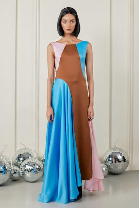 Therealb Multi Color Satin Boat Neck Fearless Flair Colorblock Dress