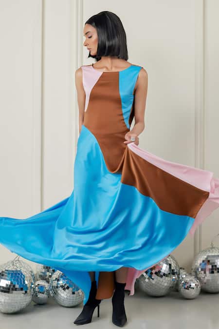 Buy_Therealb_Multi Color Satin Boat Neck Fearless Flair Colorblock Dress _Online_at_Aza_Fashions
