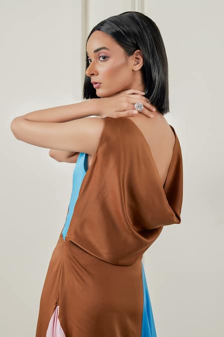 Shop_Therealb_Multi Color Satin Boat Neck Fearless Flair Colorblock Dress _Online_at_Aza_Fashions