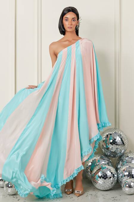 Buy Therealb Blue Satin Asymmetric Femme Fatale Colorblock Dress Online at Aza Fashions Buy_Therealb_Blue Satin Asymmetric Femme Fatale Colorblock Dress _Online_at_Aza_Fashions