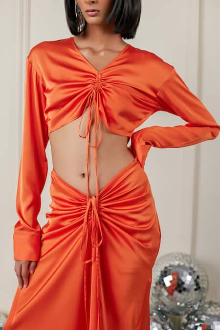 Shop_Therealb_Orange Satin V-neck Flaming Fling Crop Top And Gathered Skirt Set _Online_at_Aza_Fashions