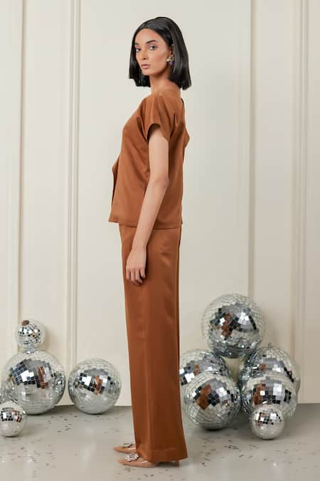 Therealb_Brown Satin V-neck Free-spirited Shirt And Pant Set _Online_at_Aza_Fashions
