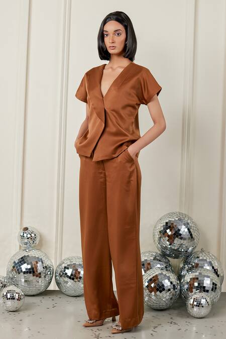 Buy_Therealb_Brown Satin V-neck Free-spirited Shirt And Pant Set _Online_at_Aza_Fashions