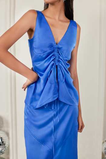 Shop_Therealb_Blue Satin V-neck Glamour Galore Top And Skirt Set _Online_at_Aza_Fashions