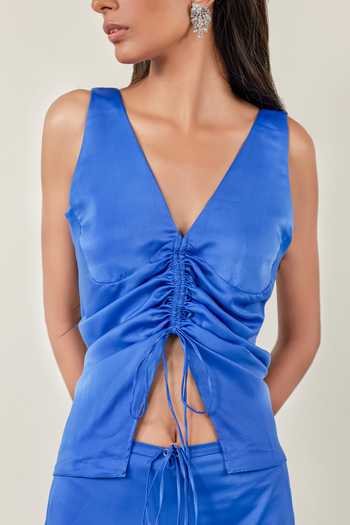 Therealb_Blue Satin V-neck Glamour Galore Top And Skirt Set _at_Aza_Fashions