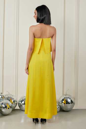 Shop Therealb Yellow Satin Square Neck Joyful Euphoria Dress at Aza Fashions Shop_Therealb_Yellow Satin Square Neck Joyful Euphoria Dress _at_Aza_Fashions