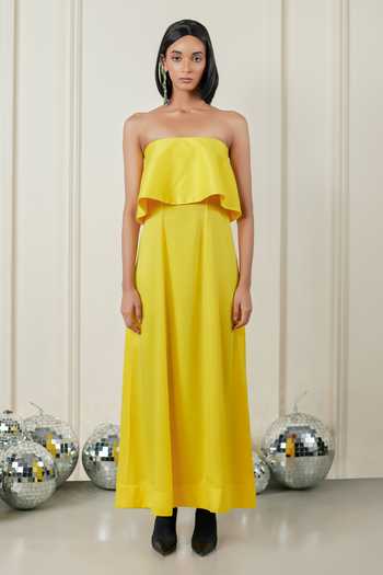 Therealb Yellow Satin Square Neck Joyful Euphoria Dress Online at Aza Fashions Therealb_Yellow Satin Square Neck Joyful Euphoria Dress _Online_at_Aza_Fashions