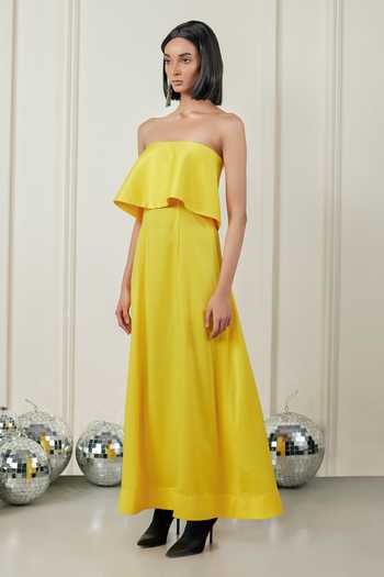 Buy Therealb Yellow Satin Square Neck Joyful Euphoria Dress Online at Aza Fashions Buy_Therealb_Yellow Satin Square Neck Joyful Euphoria Dress _Online_at_Aza_Fashions