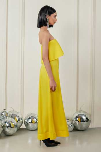 Shop Therealb Yellow Satin Square Neck Joyful Euphoria Dress Online at Aza Fashions Shop_Therealb_Yellow Satin Square Neck Joyful Euphoria Dress _Online_at_Aza_Fashions