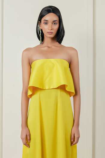Therealb Yellow Satin Square Neck Joyful Euphoria Dress at Aza Fashions Therealb_Yellow Satin Square Neck Joyful Euphoria Dress _at_Aza_Fashions