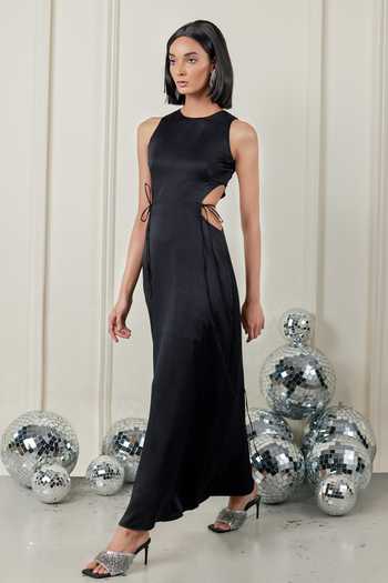 Shop_Therealb_Black Satin Cut Work Round Neck Mystic Muse Dress _Online_at_Aza_Fashions