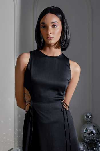 Therealb_Black Satin Cut Work Round Neck Mystic Muse Dress _at_Aza_Fashions