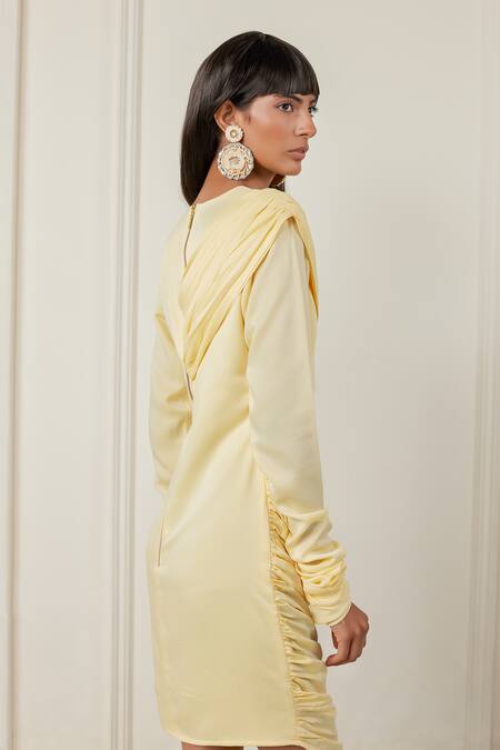 Shop_Therealb_Yellow Satin Round Neck Moments Dress _Online_at_Aza_Fashions