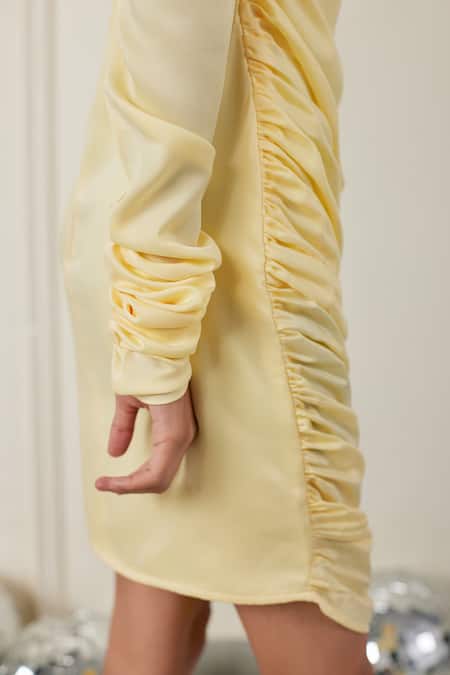 Therealb_Yellow Satin Round Neck Moments Dress _at_Aza_Fashions