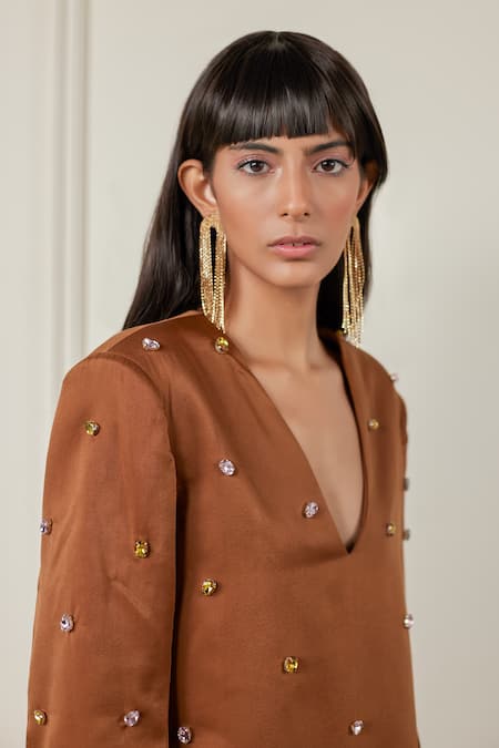 Buy_Therealb_Brown Satin Stones V-neck Starstruck Embellished Dress _Online_at_Aza_Fashions