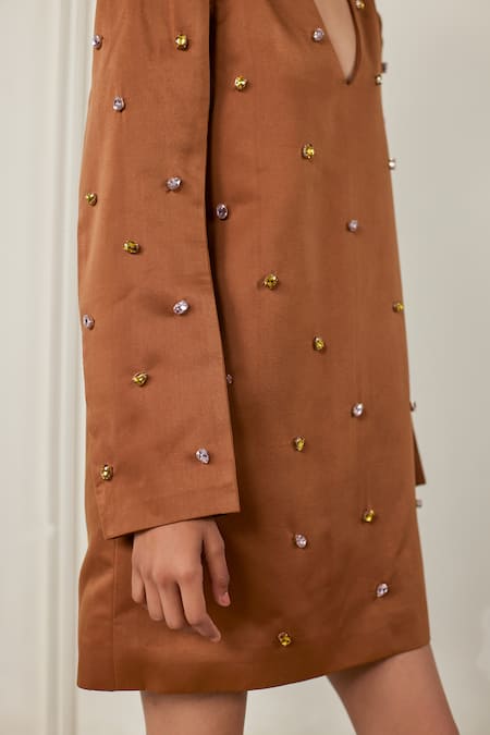 Shop_Therealb_Brown Satin Stones V-neck Starstruck Embellished Dress _Online_at_Aza_Fashions