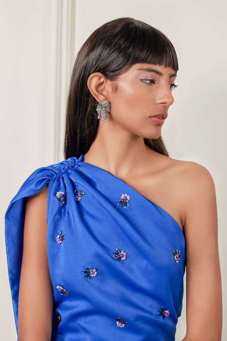 Buy Therealb Blue Satin Sequins, Beads Asymmetric Sensuous Sapphire Dress Online at Aza Fashions Buy_Therealb_Blue Satin Sequins, Beads Asymmetric Sensuous Sapphire Dress _Online_at_Aza_Fashions