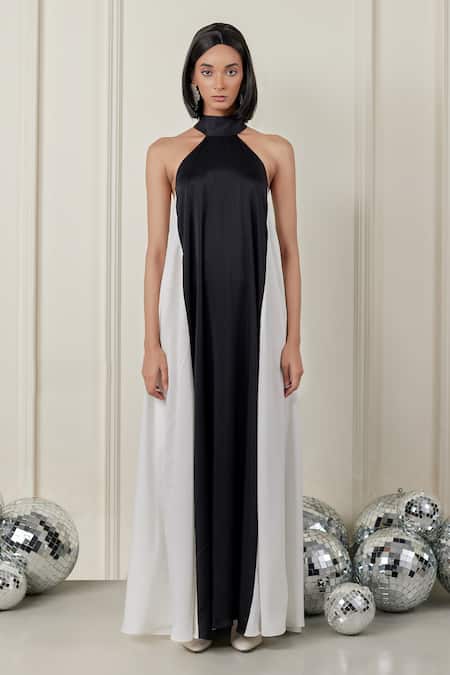 Therealb_Black Satin Halter Neck Tempting Twilight Colorblock Dress _Online_at_Aza_Fashions