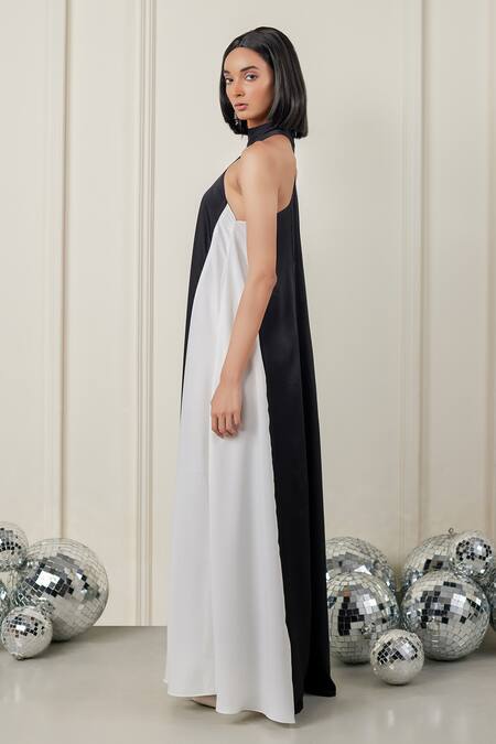 Buy_Therealb_Black Satin Halter Neck Tempting Twilight Colorblock Dress _Online_at_Aza_Fashions