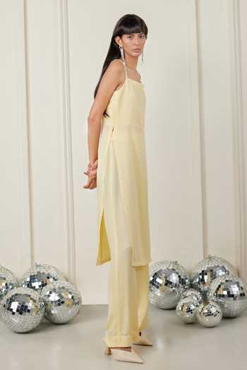 Therealb_Yellow Satin Embellished Stone Square Neck Touch Of Boldness Tunic And Pant Set _at_Aza_Fashions
