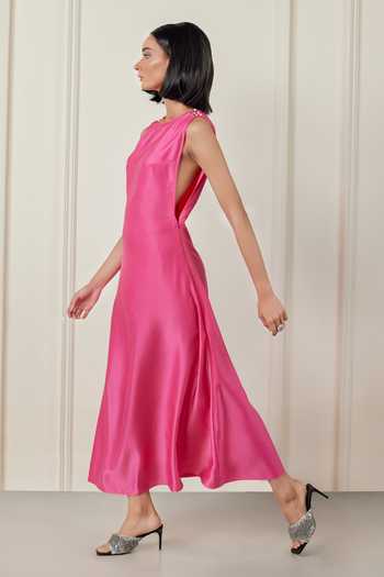 Shop Therealb Pink Satin Stones Boat Neck Unapologetically You Dress at Aza Fashions Shop_Therealb_Pink Satin Stones Boat Neck Unapologetically You Dress _at_Aza_Fashions
