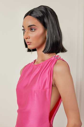 Shop Therealb Pink Satin Stones Boat Neck Unapologetically You Dress Online at Aza Fashions Shop_Therealb_Pink Satin Stones Boat Neck Unapologetically You Dress _Online_at_Aza_Fashions